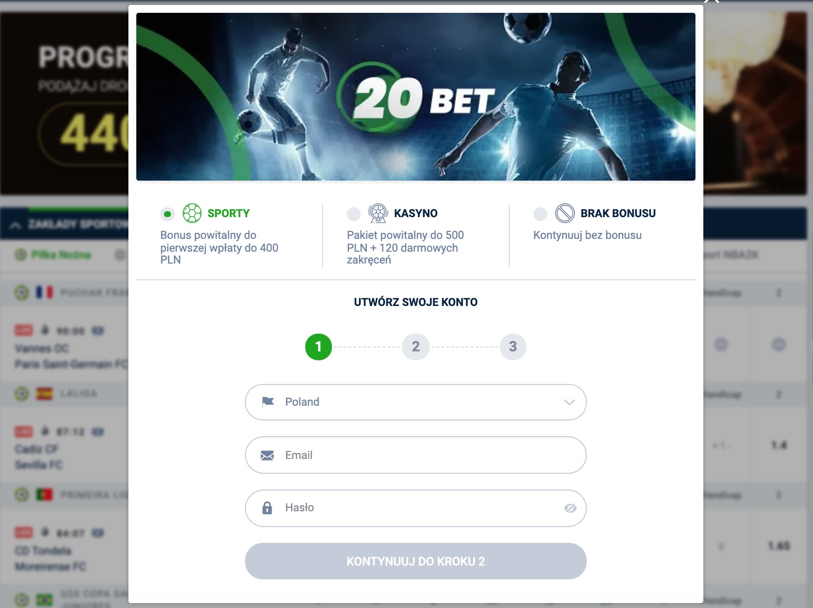 20Bet Rejestracja krok 1