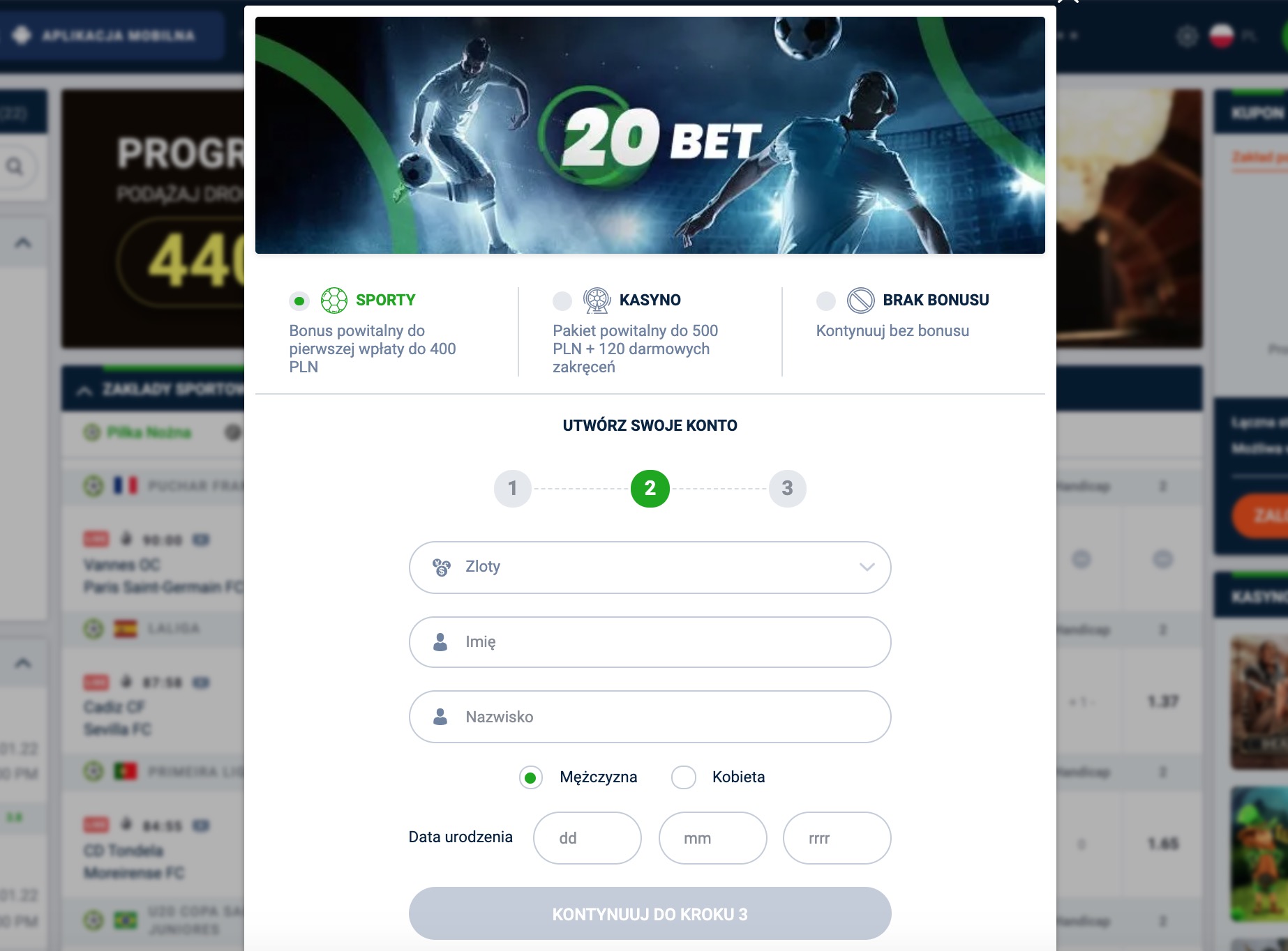 20Bet Rejestracja krok 2