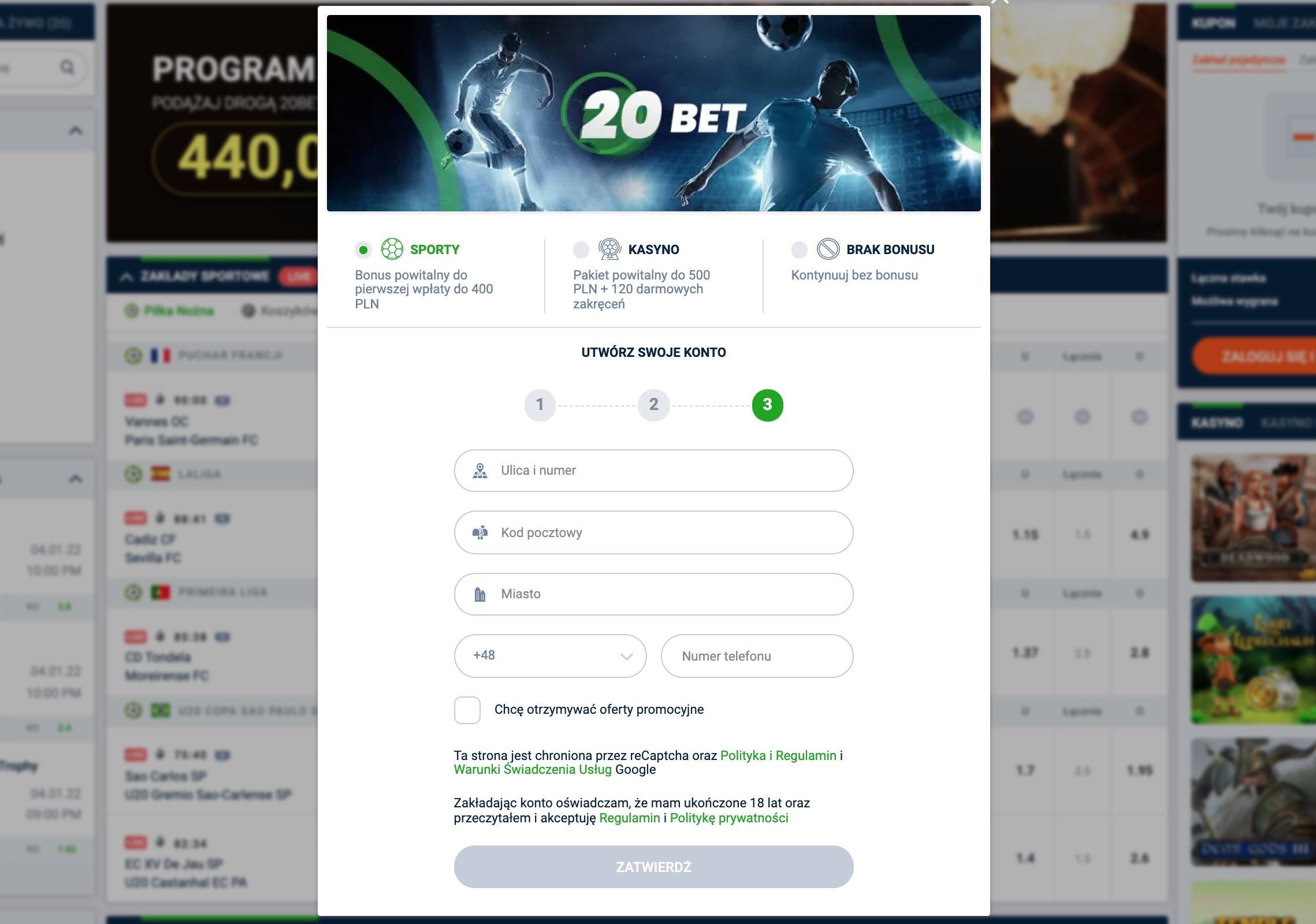 20Bet Rejestracja krok 3