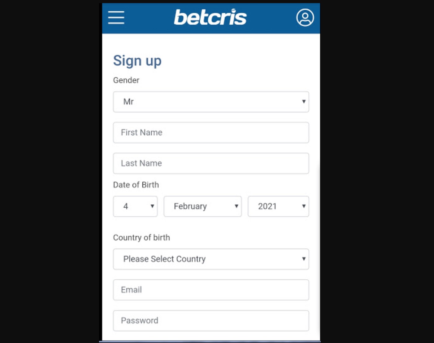 Betcris app create account